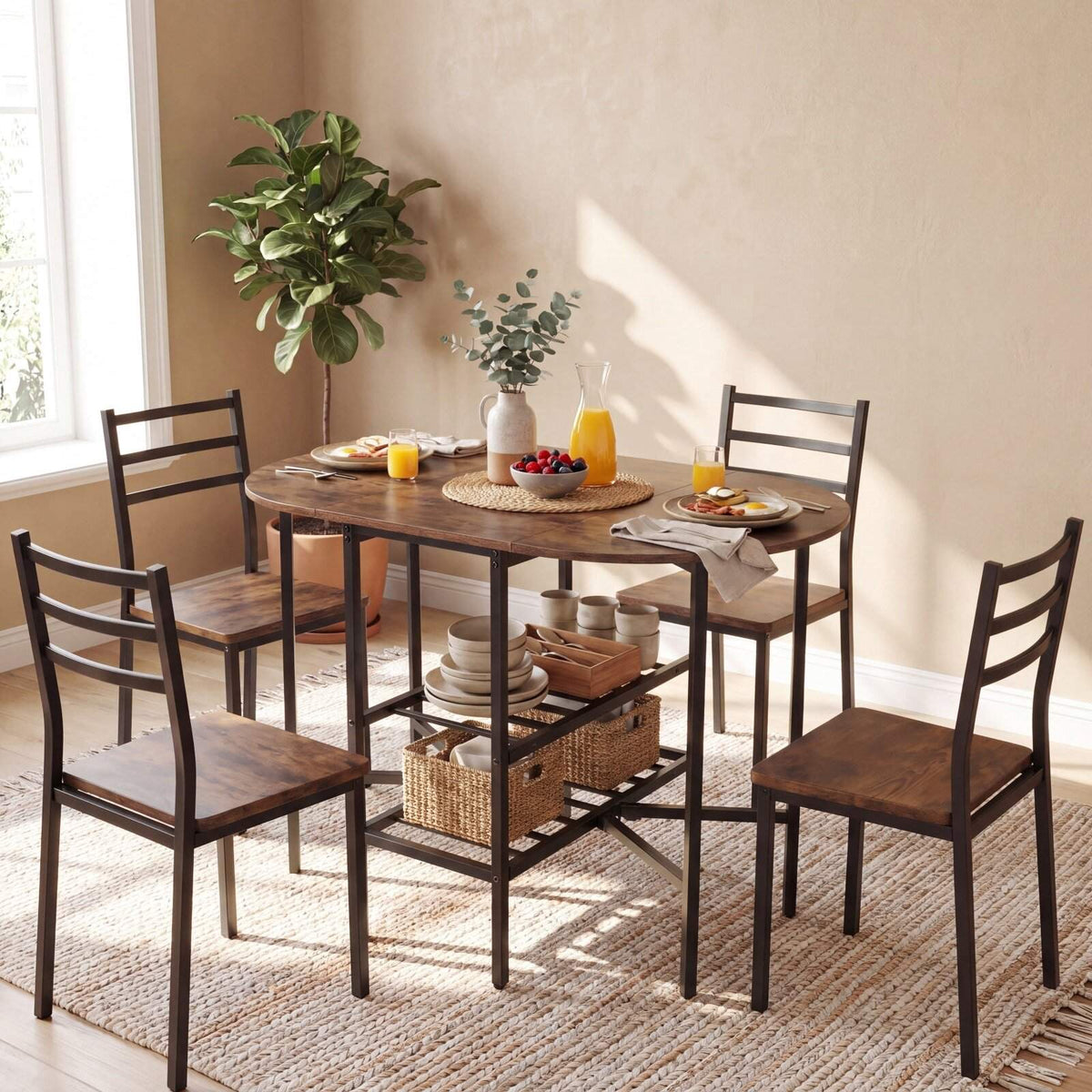 Oval Folding Dining Table with Shelves, Metal Frame, Brown