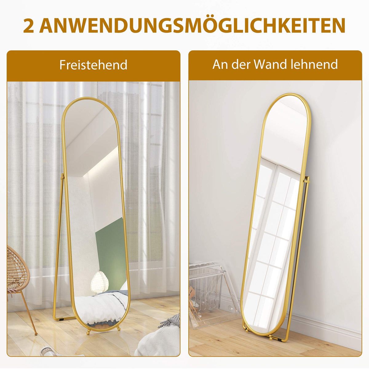 Oval Full-Length Mirror, Freestanding Metal Frame, Gold, 50x180cm