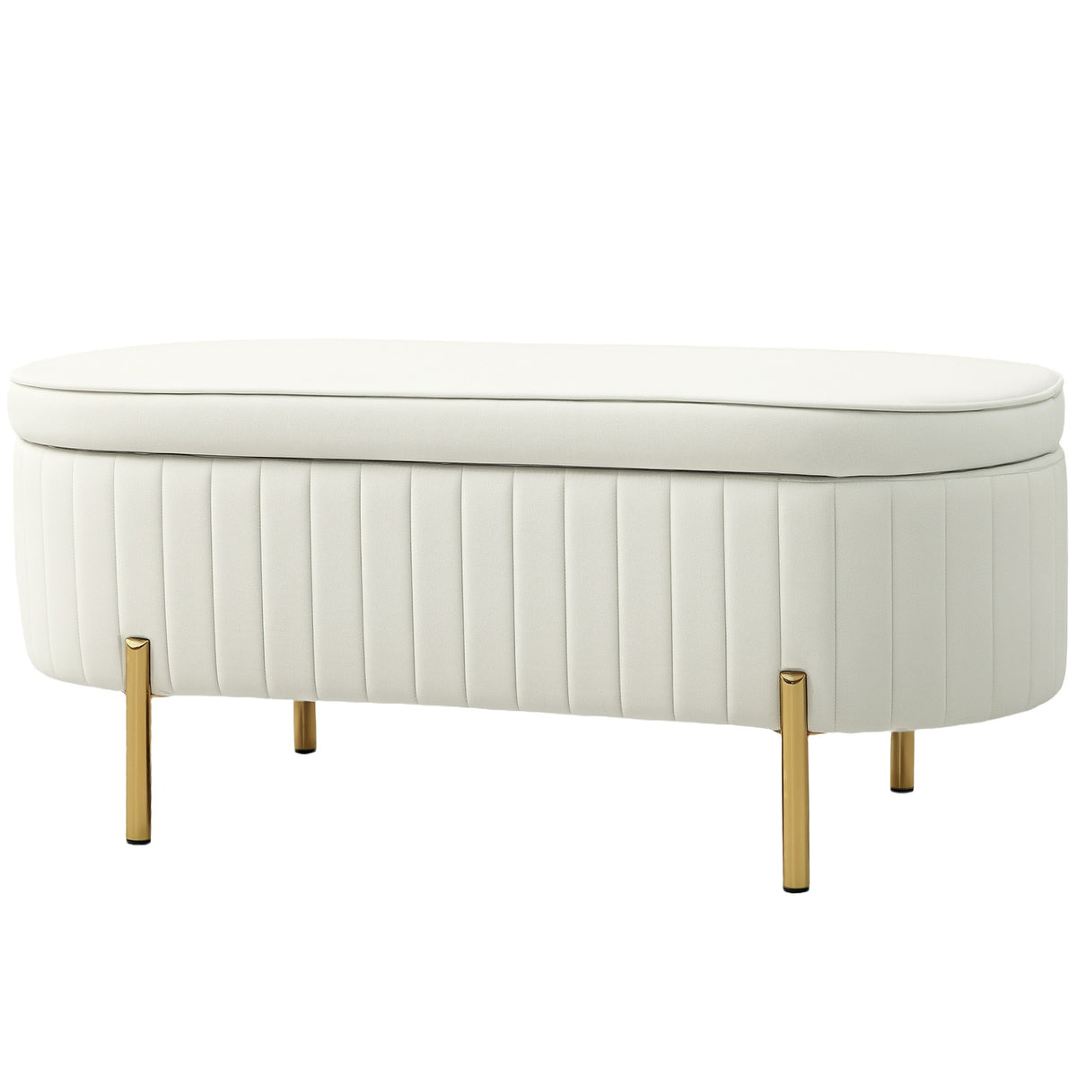 Oval Storage Bench with Gold Legs, Velvet Upholstery, Cream