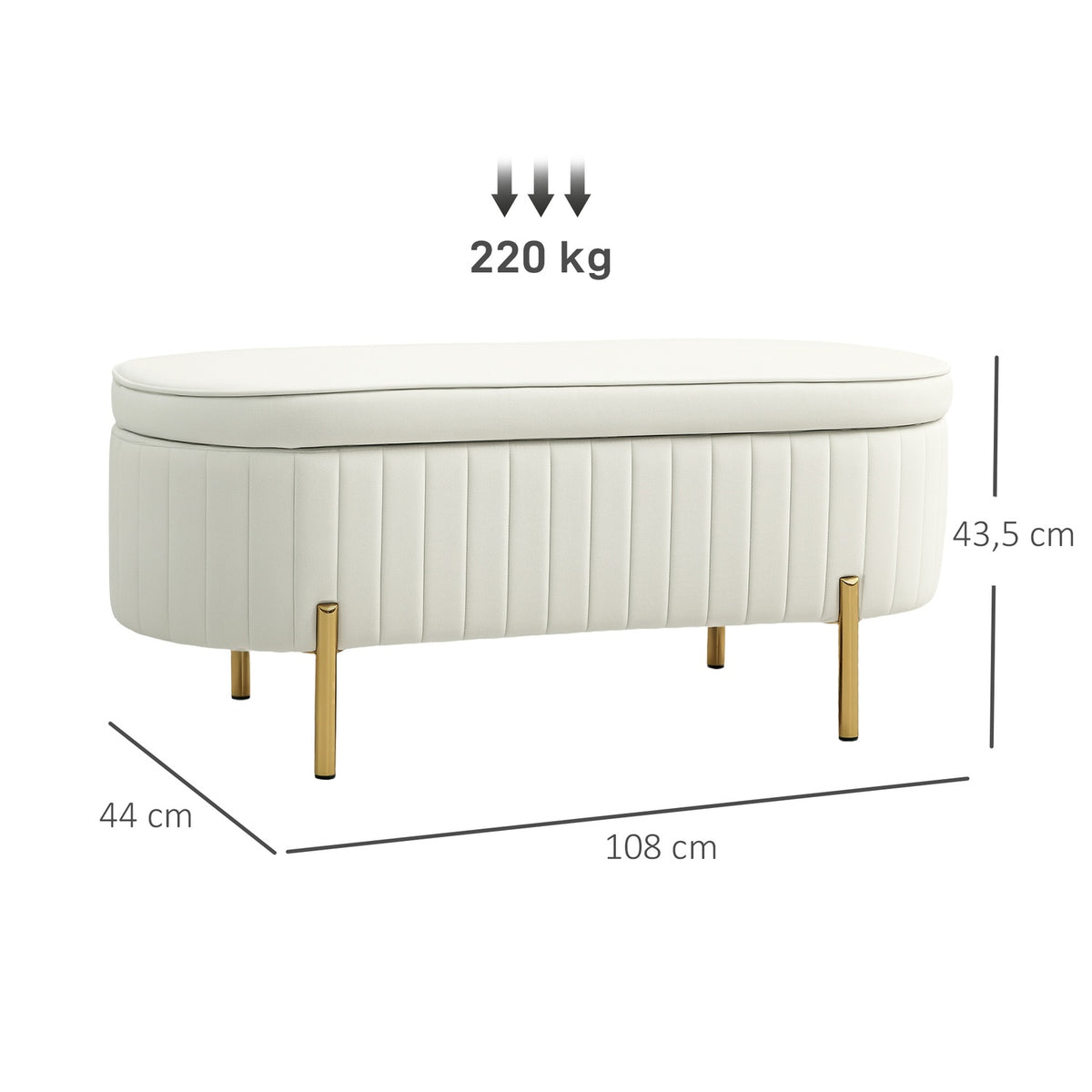 Oval Storage Bench with Gold Legs, Velvet Upholstery, Cream