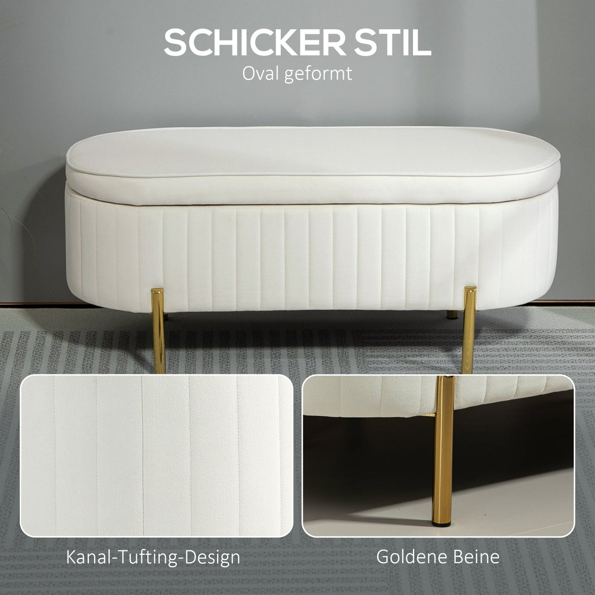 Oval Storage Bench with Gold Legs, Velvet Upholstery, Cream