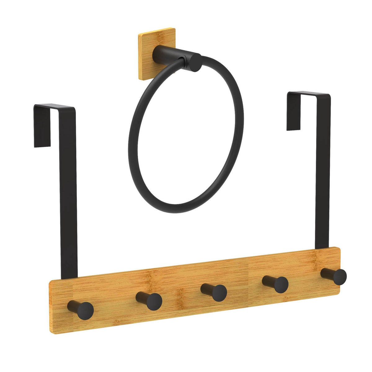 Over-Door Hook Rail & Towel Ring Set, Bamboo & Metal