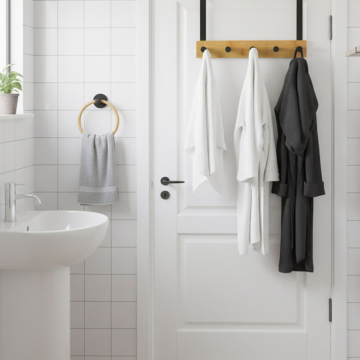 Over-Door Hook Rail & Towel Ring Set, Bamboo & Metal