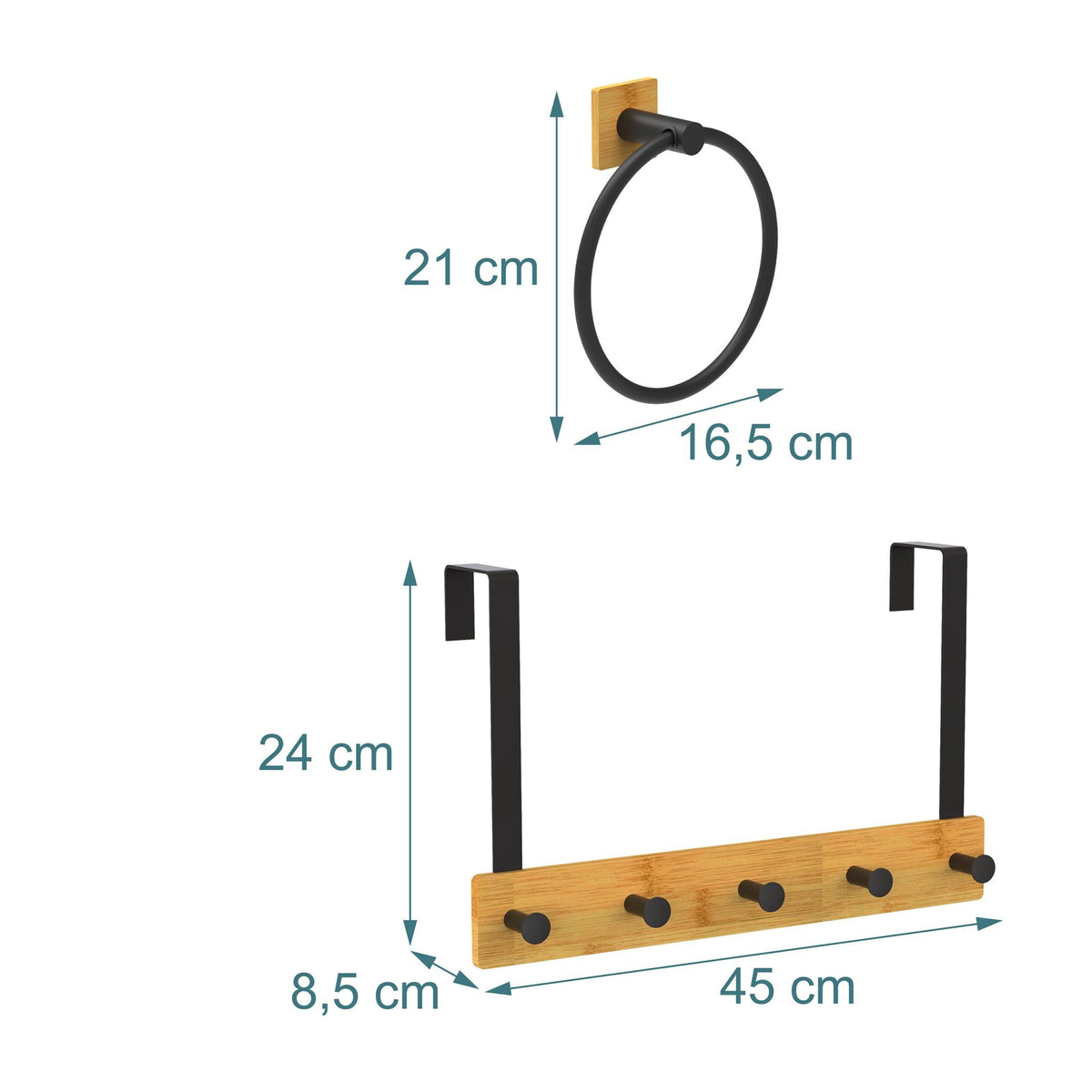 Over-Door Hook Rail & Towel Ring Set, Bamboo & Metal