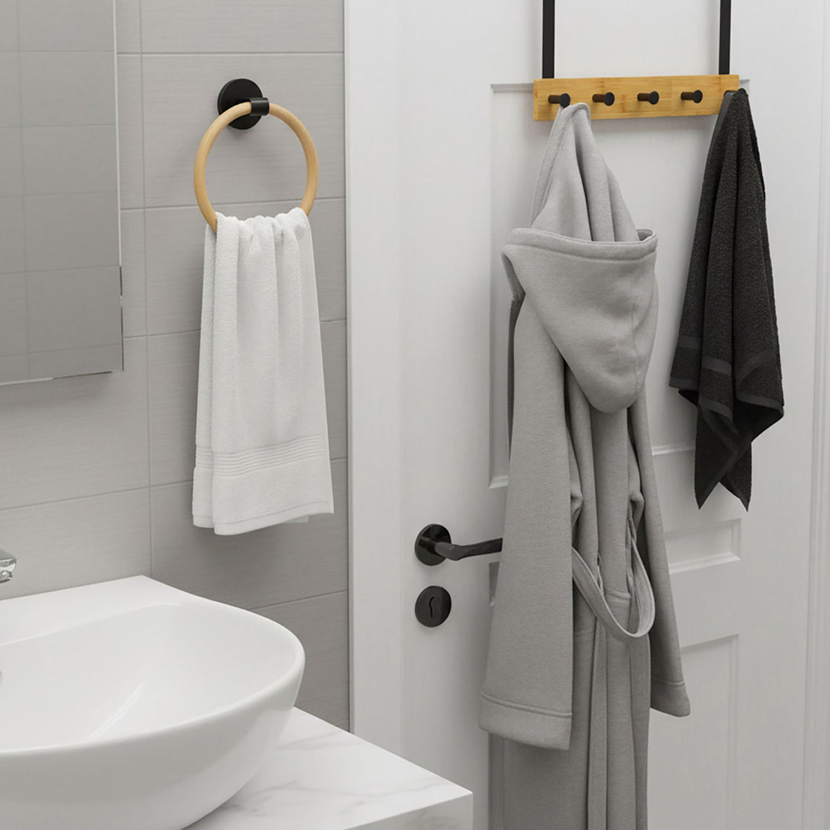 Over-Door Hook Rail & Towel Ring Set, Bamboo & Metal
