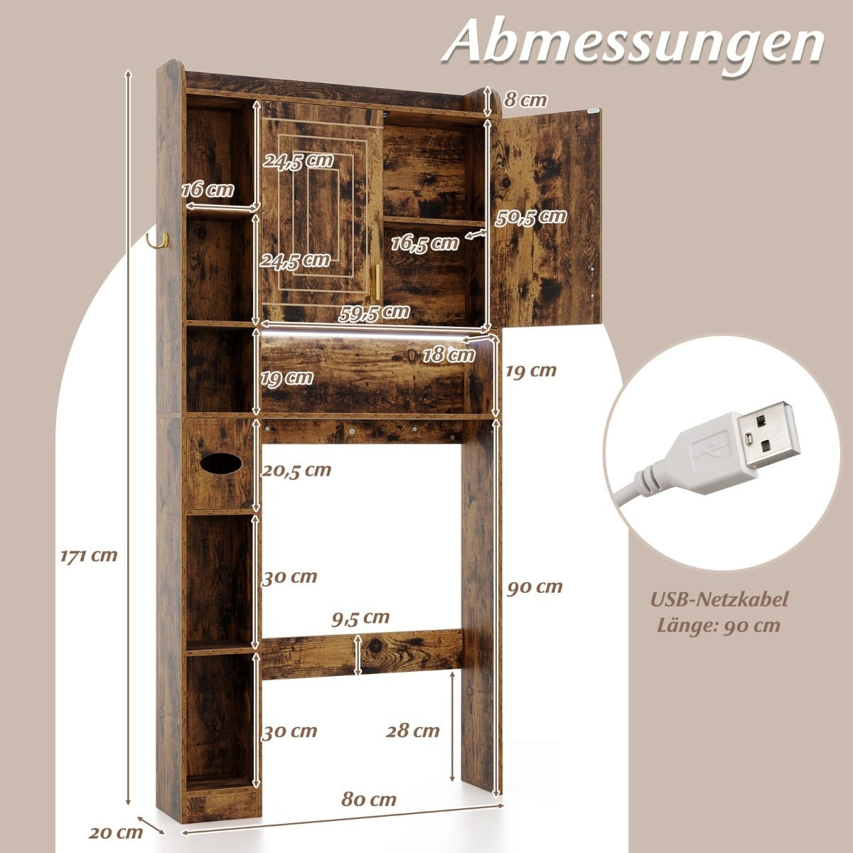 Over-Toilet Storage Cabinet, LED Light, Adjustable Shelves