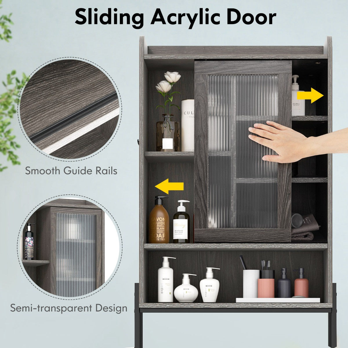 Over Toilet Storage Cabinet – Sliding Acrylic Door, Adjustable Shelves