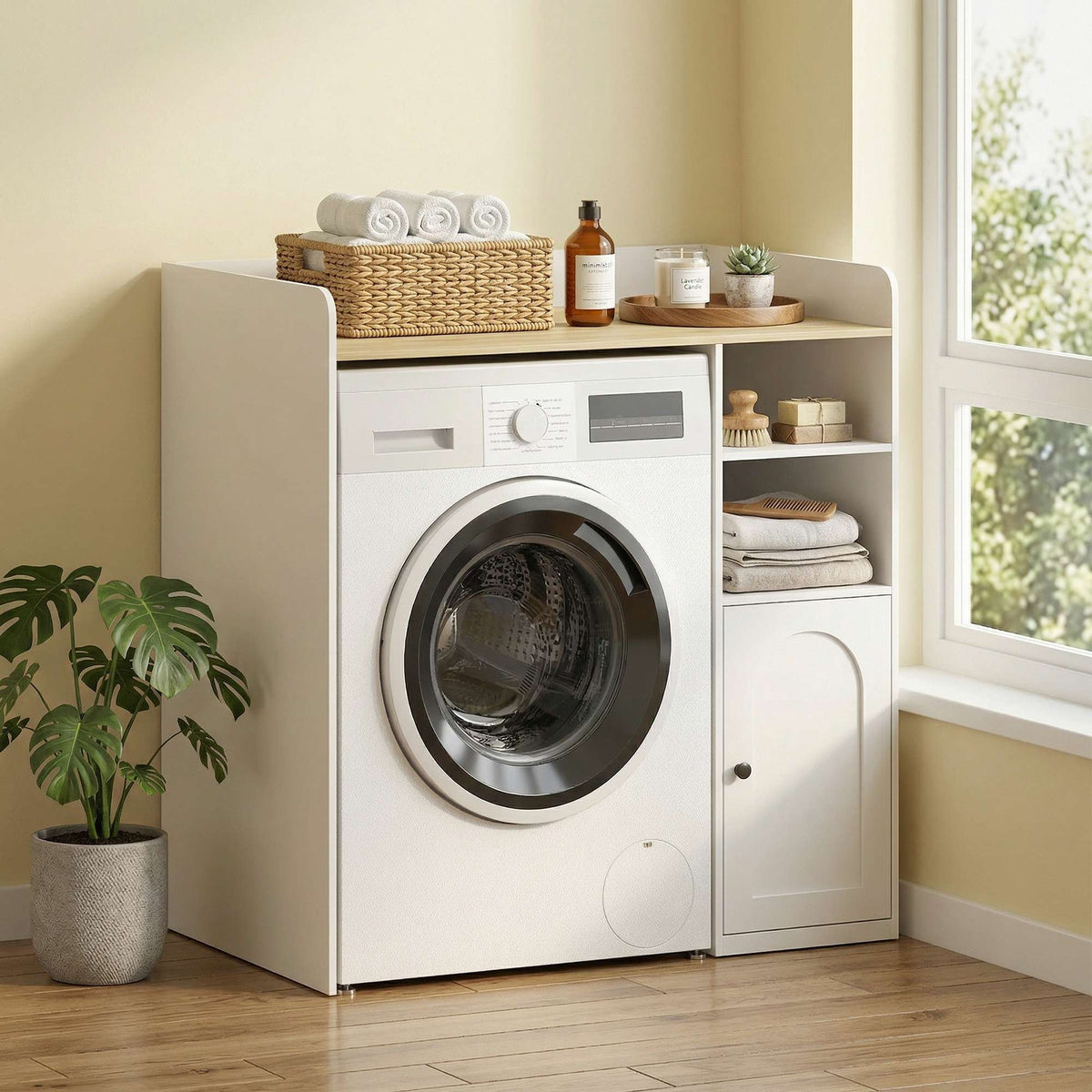 Over-Washer Cabinet with Soft-Close Hinges, White/Natural