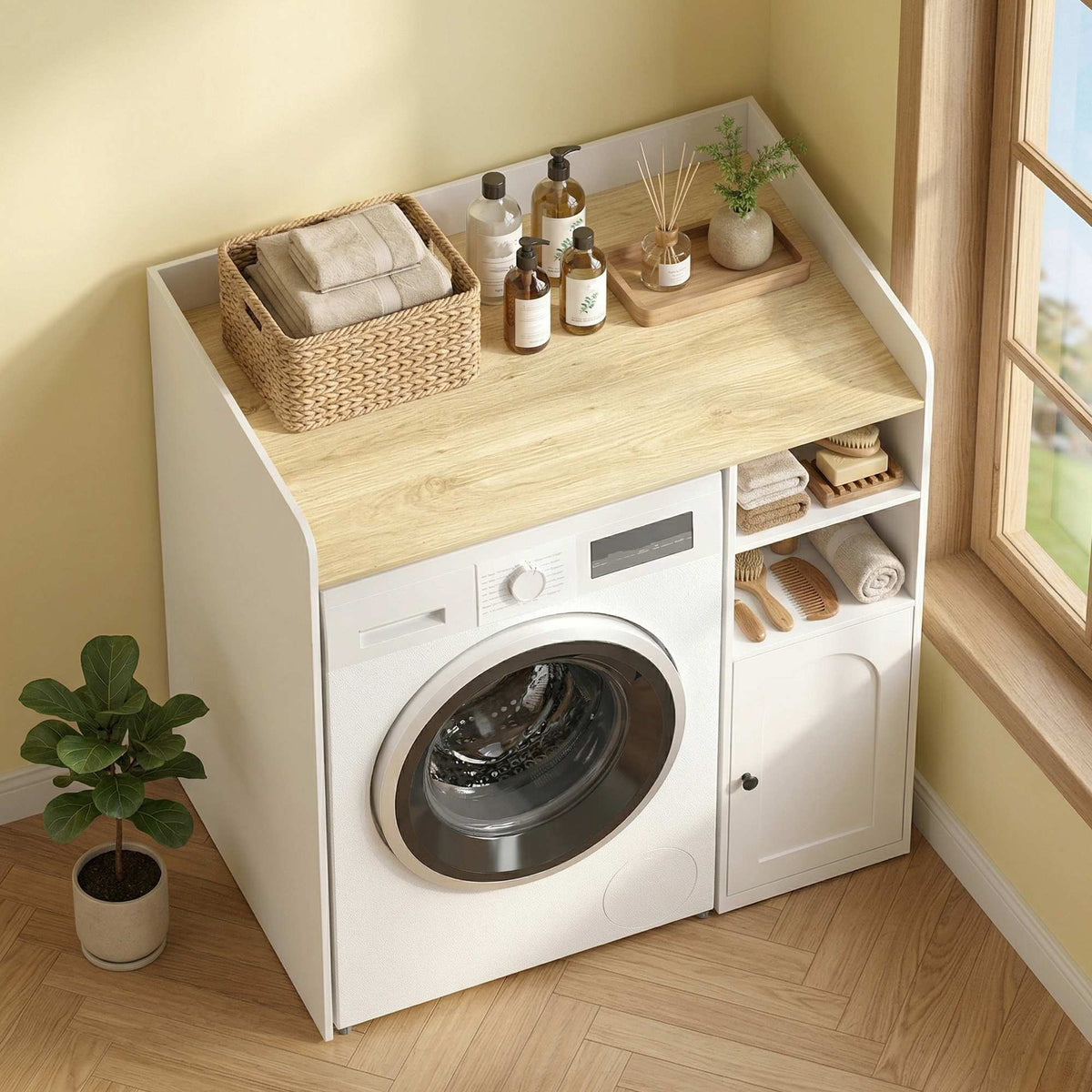 Over-Washer Cabinet with Soft-Close Hinges, White/Natural