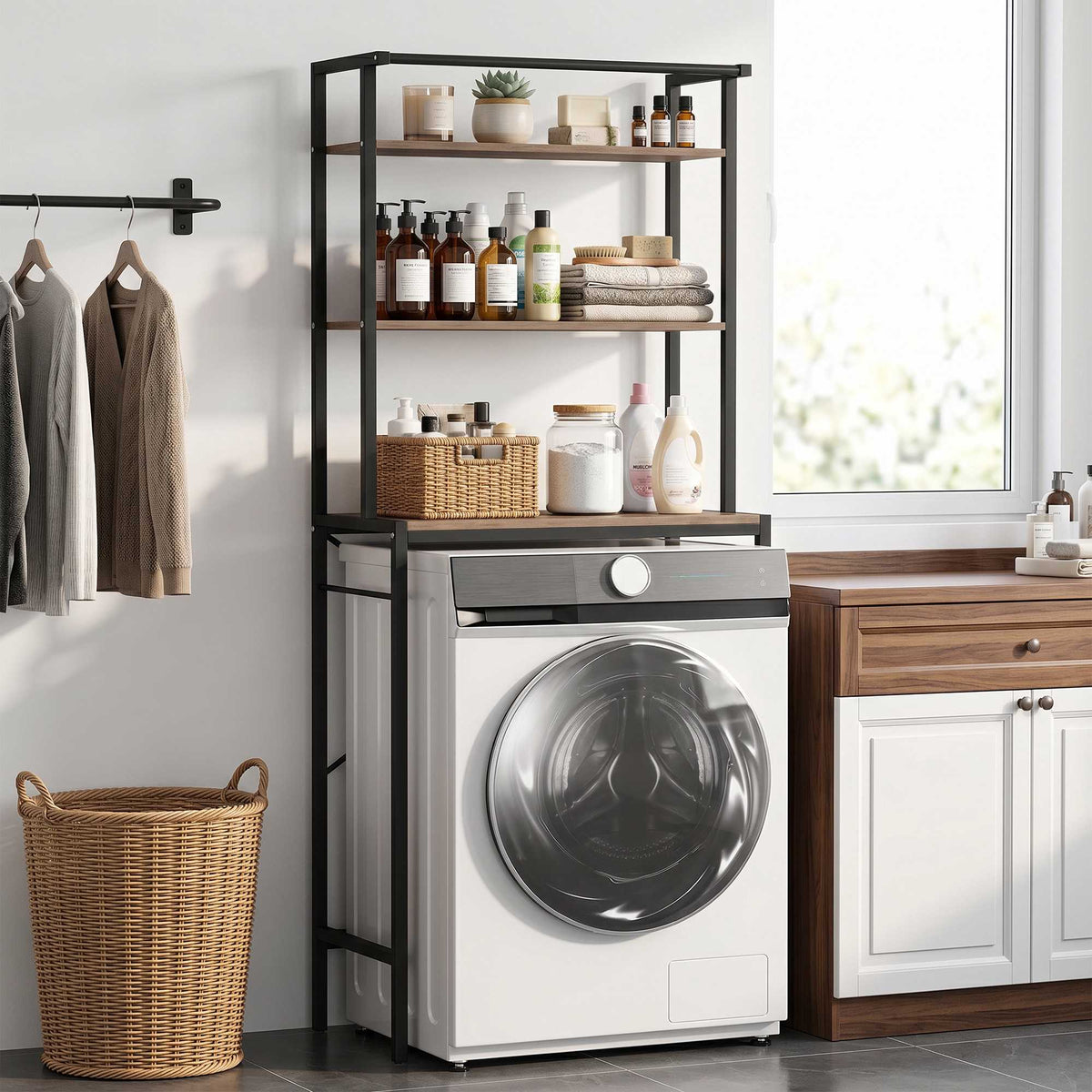 Over-Washer Storage Shelf with Drying Rod, 3-Tier, Brown