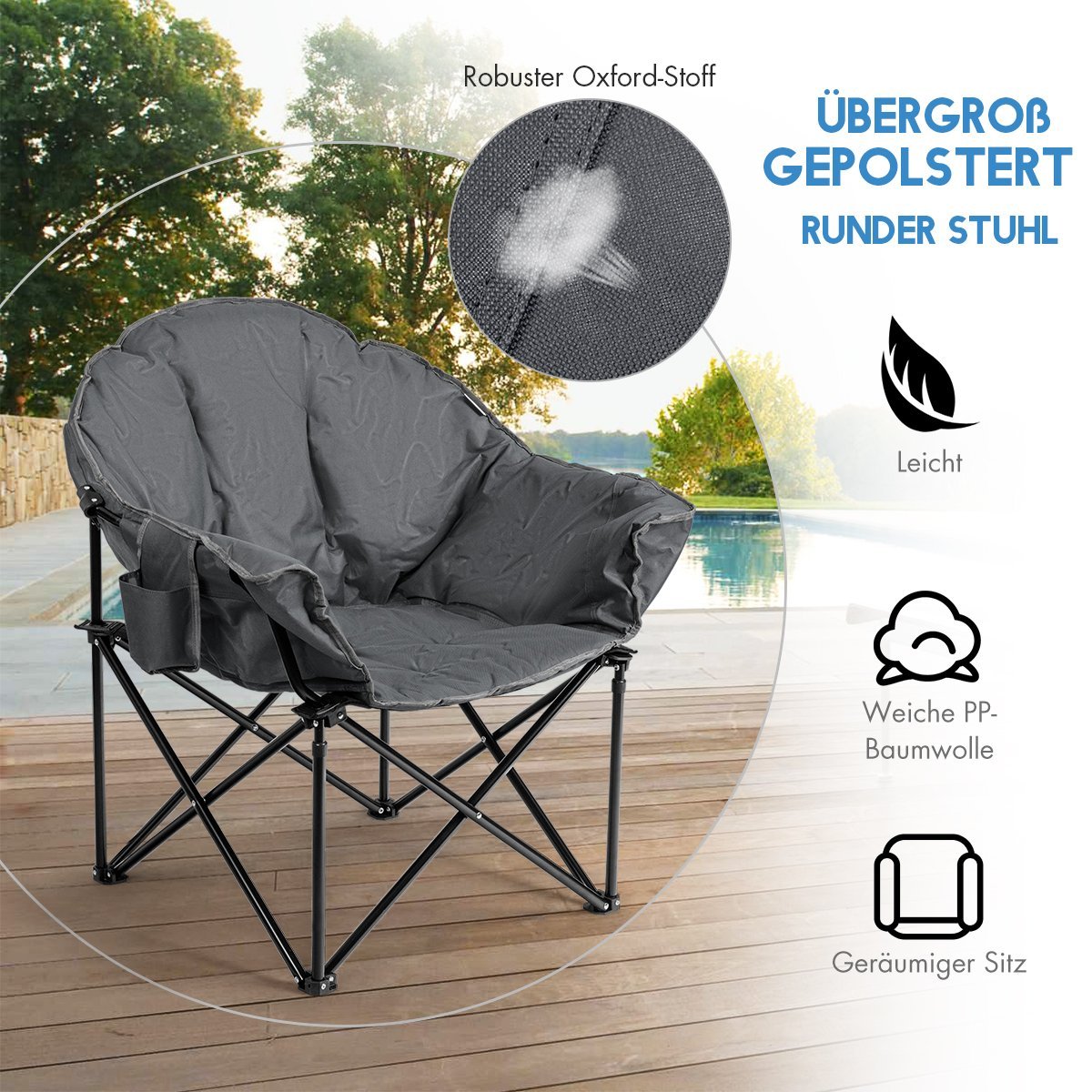 Oversized Folding Camping Chair with Cup Holder, Grey