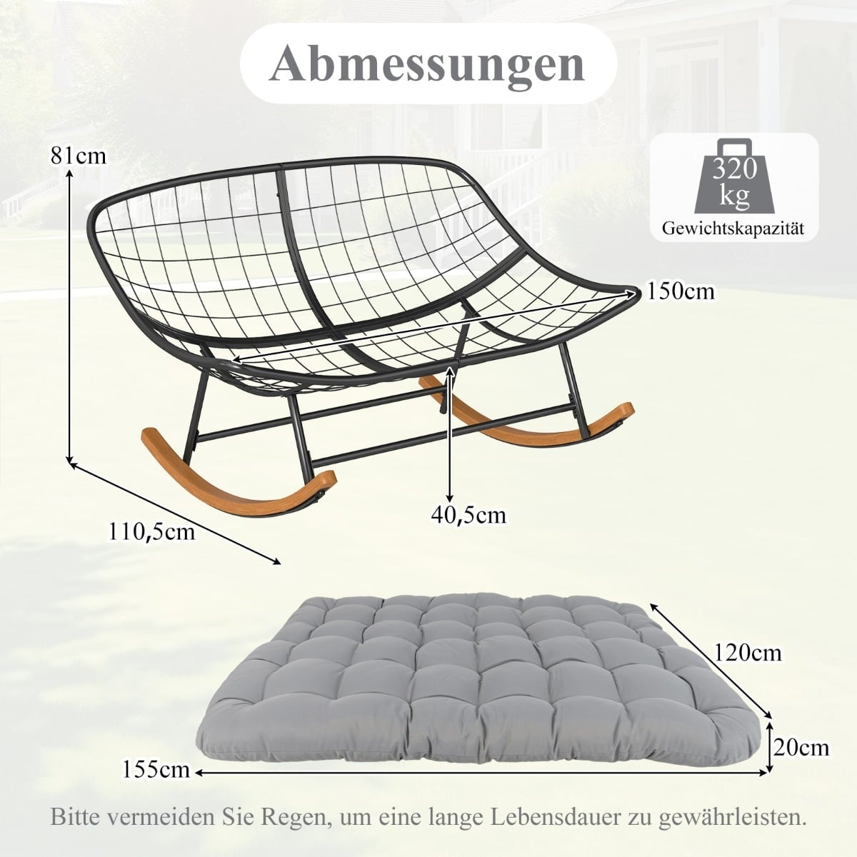 Oversized Metal Rocking Chair, 320kg Capacity, 2-Seater