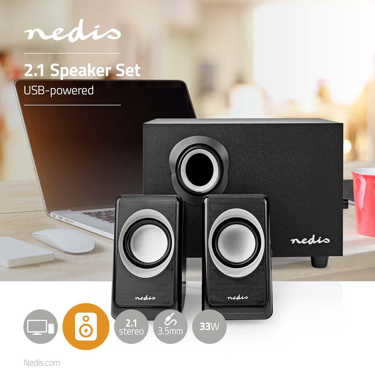 PC Speakers | 2.1 | 33 W| 3.5 mm Male | USB Power | Volume control