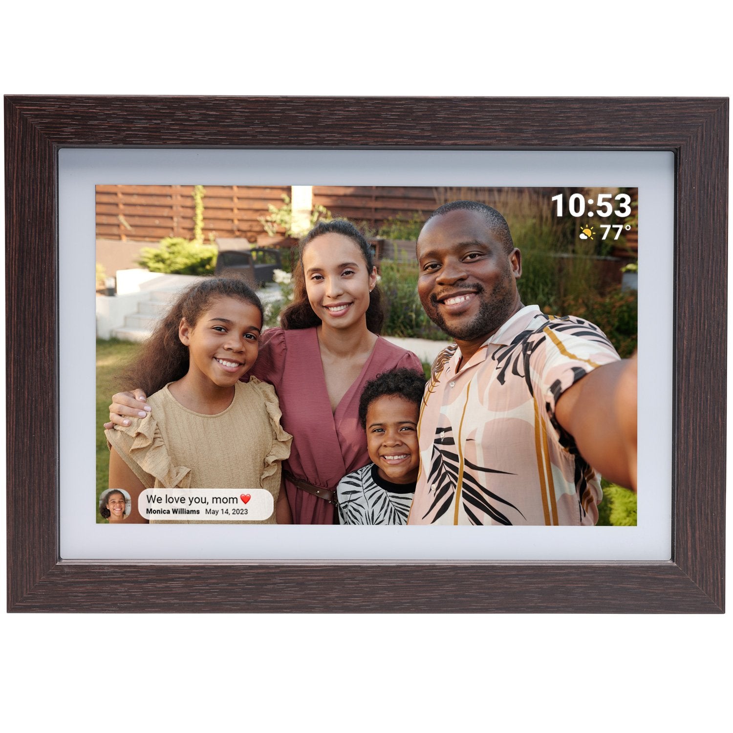 PFF-1042DW 10.1” digital Wi-Fi photo frame with FRAMEO software. Dark wood frame.