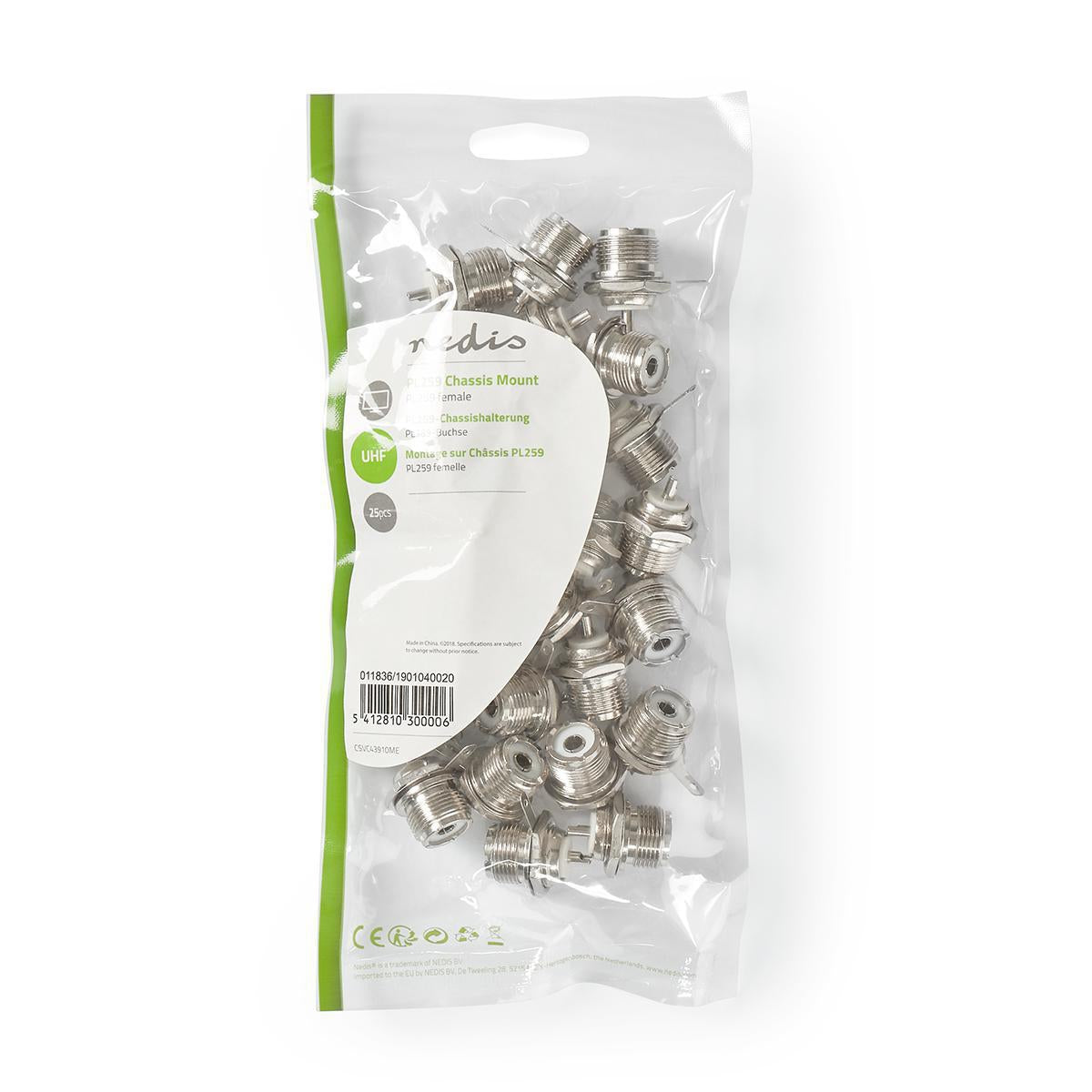 PL259 Contact | Straight | Female | Nickel Plated | 75 Ohm | Chassis | Cable input diameter: 5.0 mm | Metal | Silver | 25 pcs. | Plastic bag