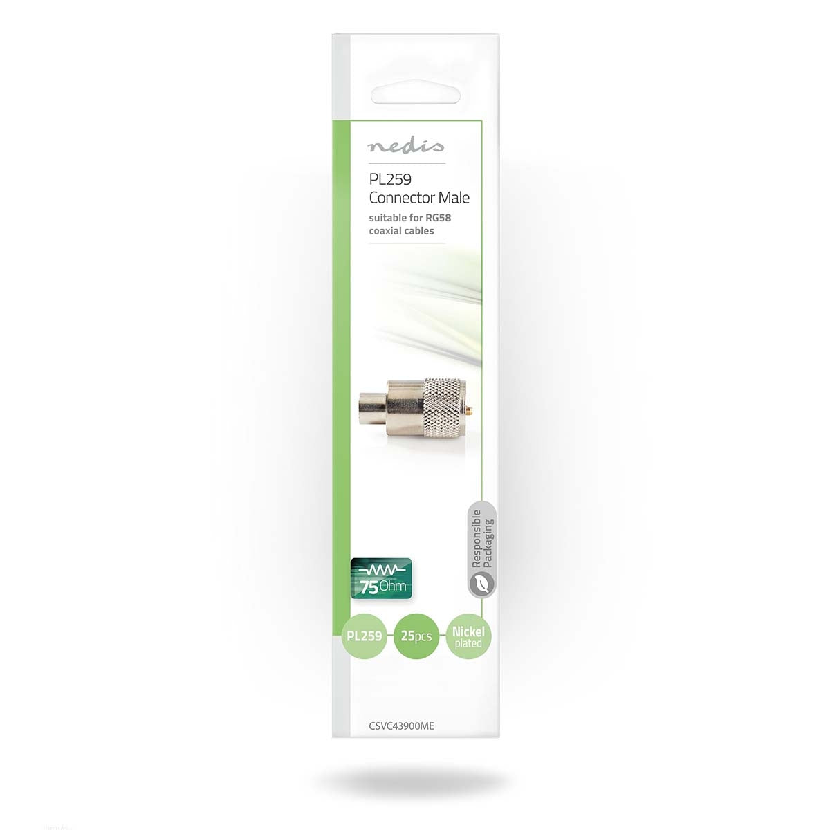 PL259 Contact | Straight | Male | Nickel Plated | 75 Ohm | Solder | Cable input diameter: 6.0 mm | Metal | Silver | 25 pcs. | Envelope