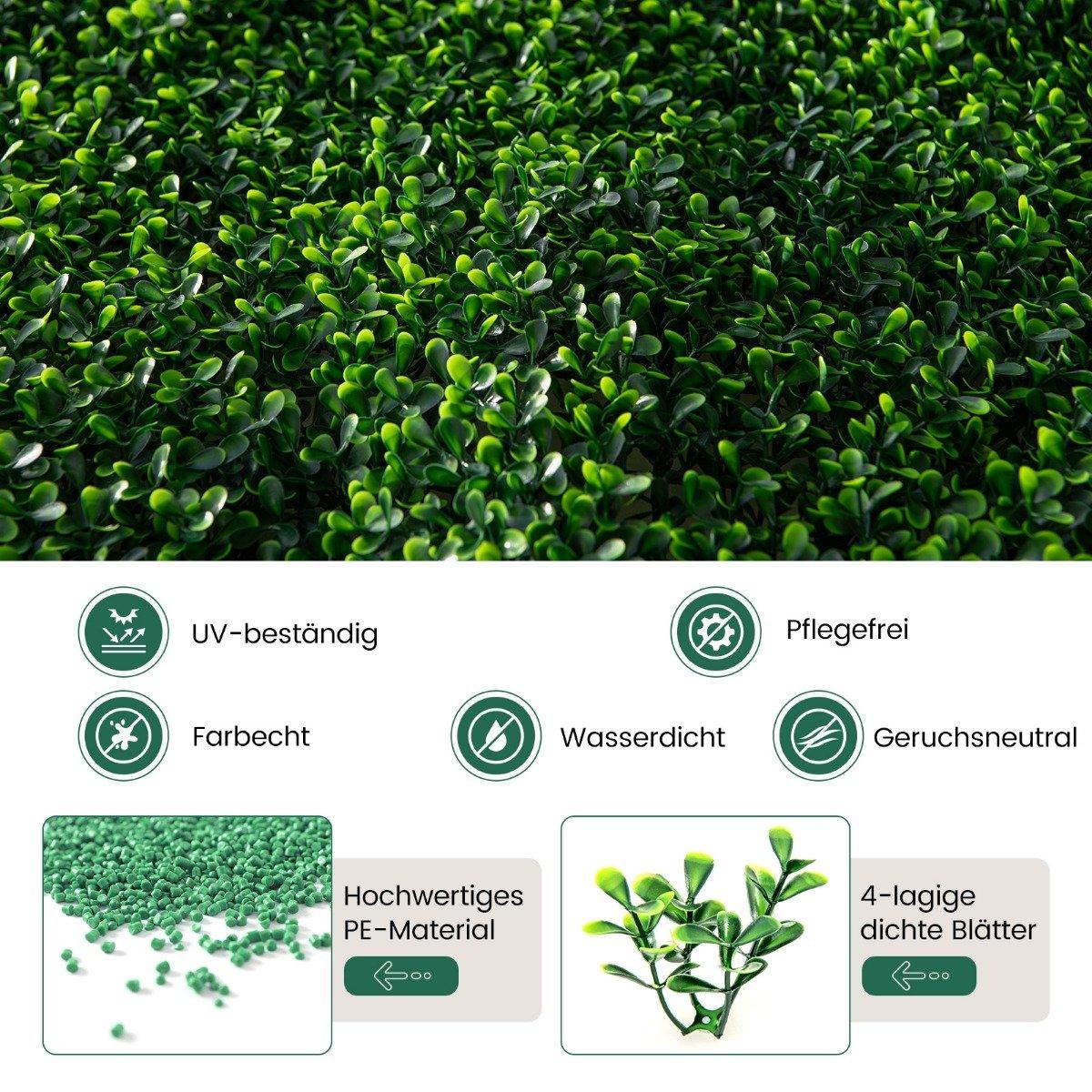 Pack of 12 artificial hedge plant wall 50 x 50 cm panels with boxwood leaves green
