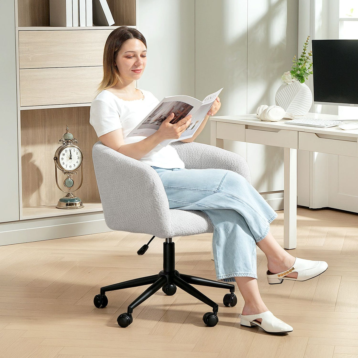 Padded Office Chair, Plush Cover, Tub Design, Cream/Black