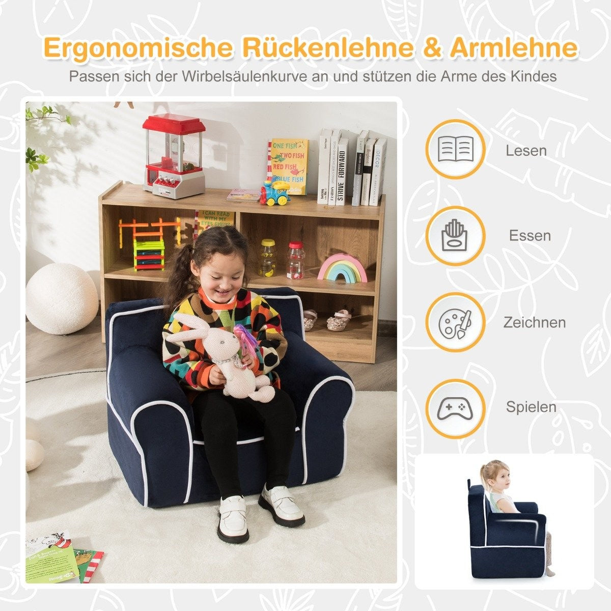 Padded children's sofa with foam filling & armrest & handle 68 x 46 x 50 cm navy blue