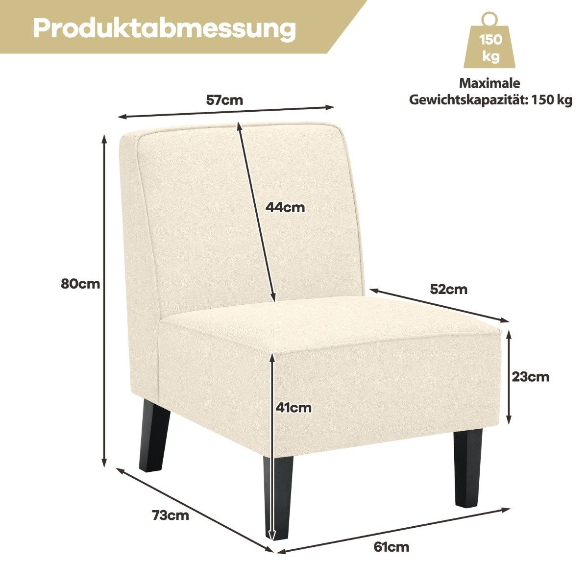 Padded lounge chair with backrest and wooden legs, accent chair, load capacity up to 150 kg, beige