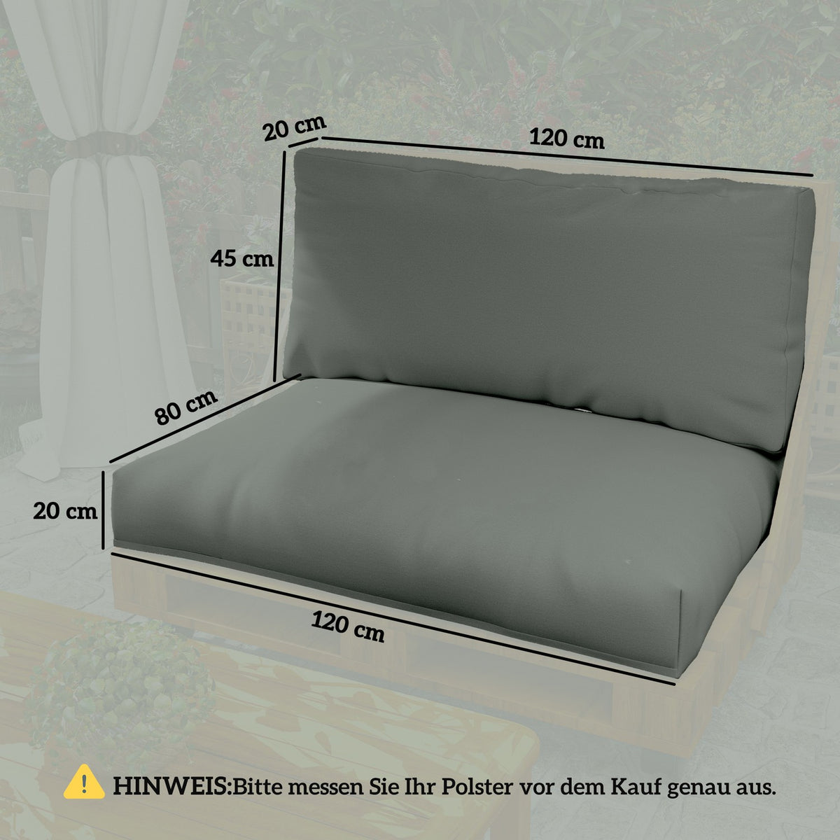 Pallet cushions set of 2, removable seat cushions, pallet cushions with backrest, outdoor cushions, pallet supports for Euro pallets, pallet sofa, pallet furniture, 120 x 80 x 20 cm, dark gray