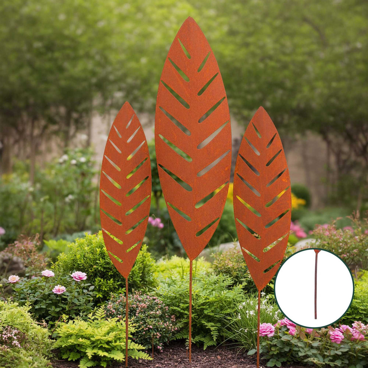 Palm Leaf Garden Stakes Set of 3 – Rust Effect