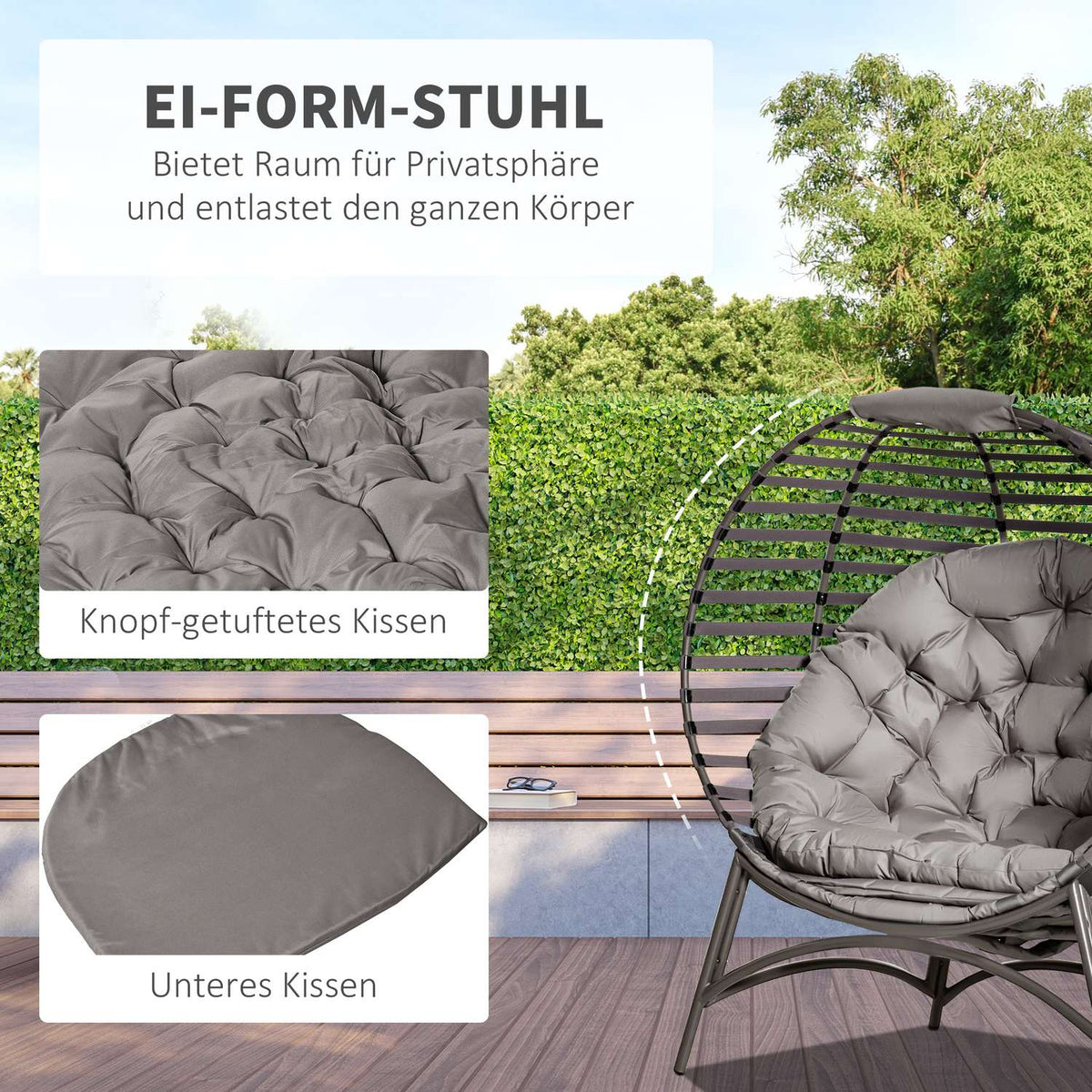 Papasan Chair Garden Chair 2 Baskets Cushions Oval Lounge Chair Foldable Balcony Patio Sand Brown Steel 118X75X139Cm