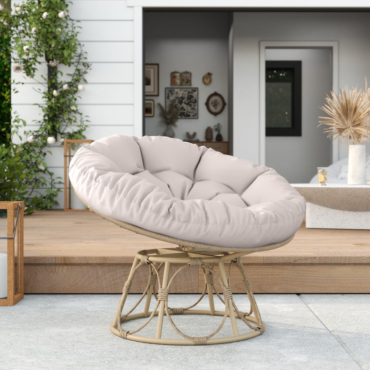 Papasan chair rattan 360° rotating wicker chair with seat cushion diameter 120 cm round outdoor rattan chair swivel chair lounge chair recliner for living room garden balcony light gray