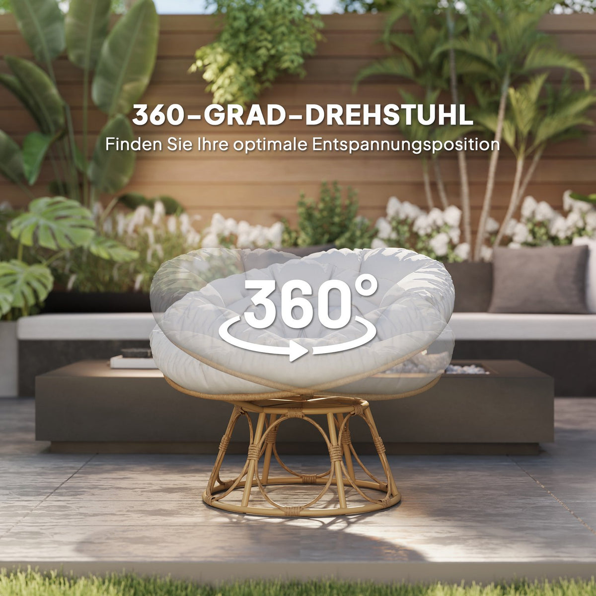 Papasan chair rattan 360° rotating wicker chair with seat cushion diameter 120 cm round outdoor rattan chair swivel chair lounge chair recliner for living room garden balcony light gray