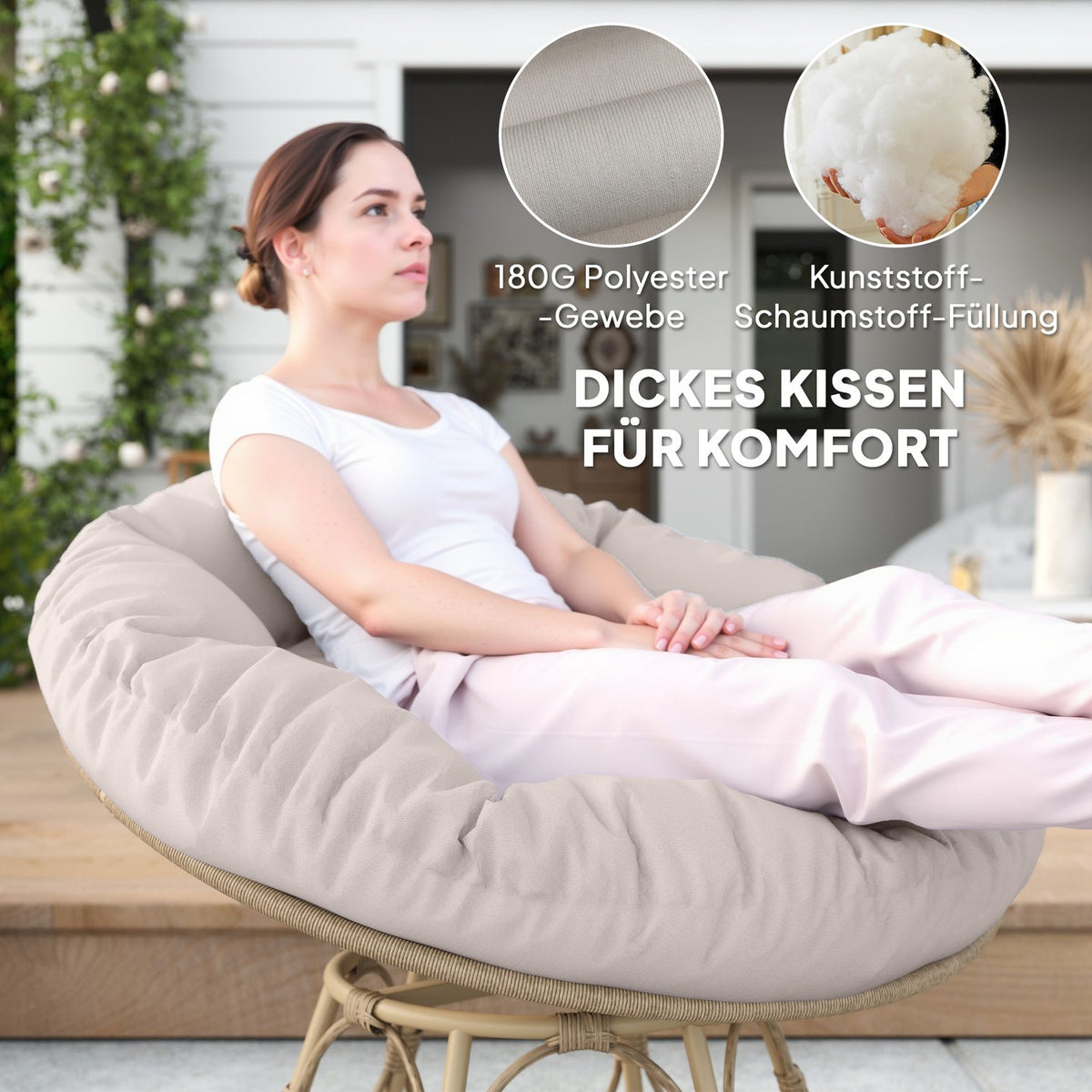 Papasan chair rattan 360° rotating wicker chair with seat cushion diameter 120 cm round outdoor rattan chair swivel chair lounge chair recliner for living room garden balcony light gray