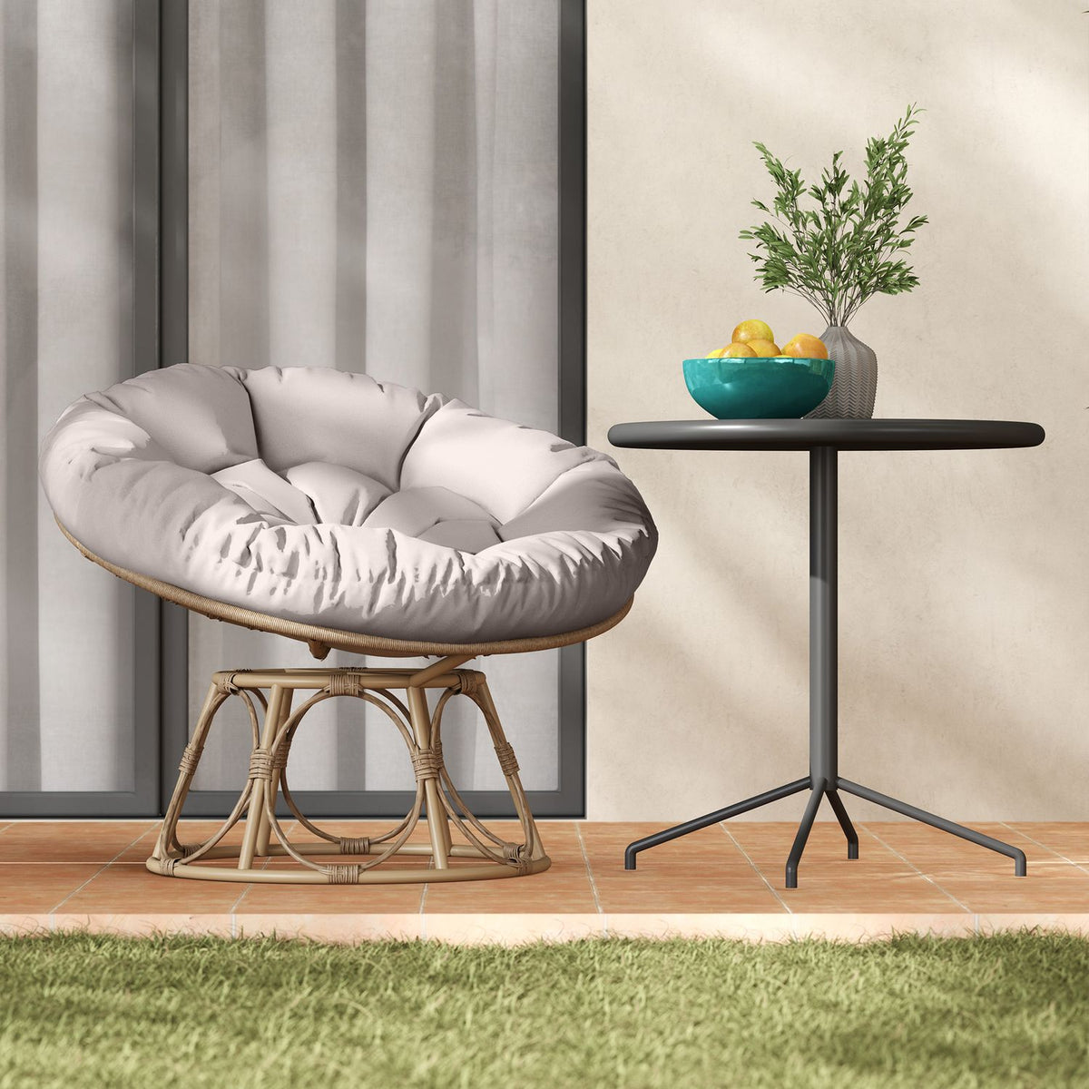 Papasan chair rattan 360° rotating wicker chair with seat cushion diameter 120 cm round outdoor rattan chair swivel chair lounge chair recliner for living room garden balcony light gray