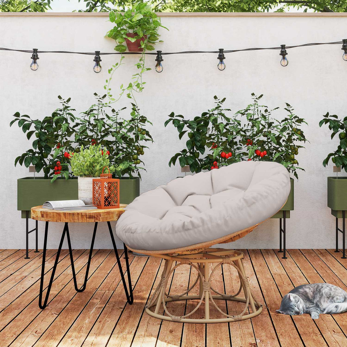 Papasan chair rattan 360° rotating wicker chair with seat cushion diameter 120 cm round outdoor rattan chair swivel chair lounge chair recliner for living room garden balcony light gray