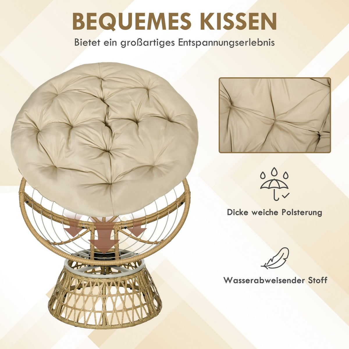 Papasan chair wicker chair rattan swivel chair with cushion 360 degree adjustable footrest 85x70x82 cm in khaki for garden and living room