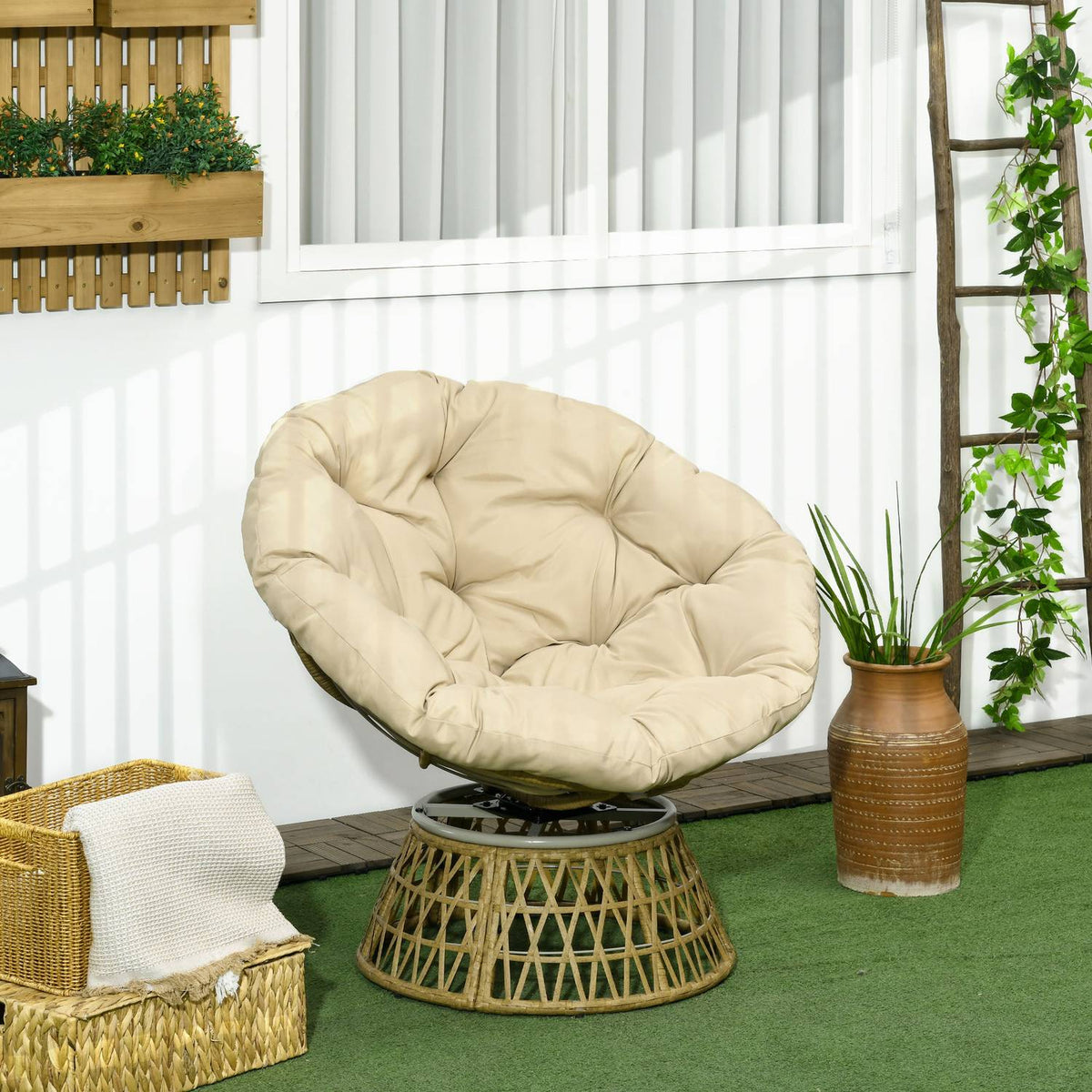 Papasan chair wicker chair rattan swivel chair with cushion 360 degree adjustable footrest 85x70x82 cm in khaki for garden and living room