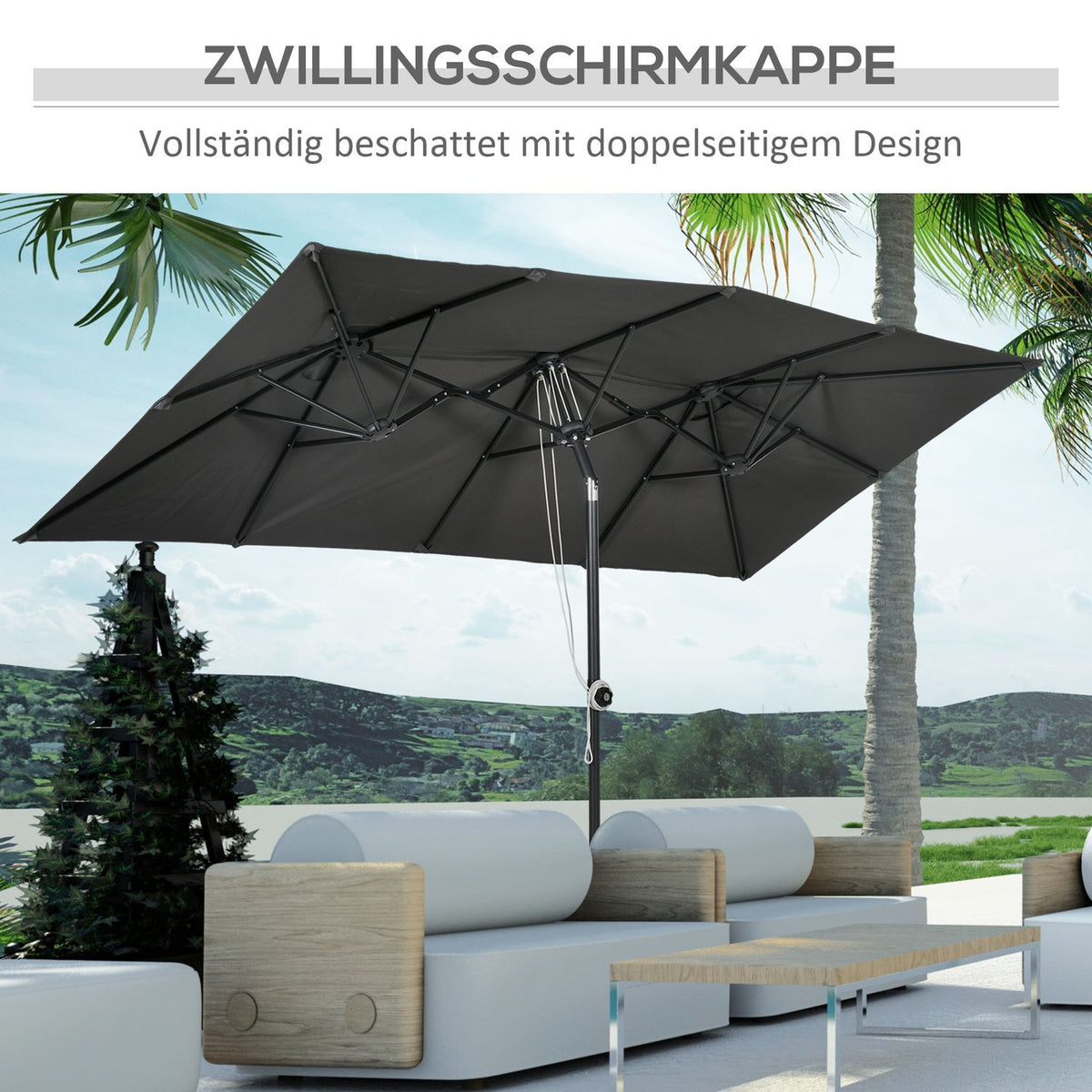 Parasol, 150 x 295cm Garden Umbrella, Double Parasol with Adjustable Tilt Angle, Market Umbrella for Patio, Polyester, Grey