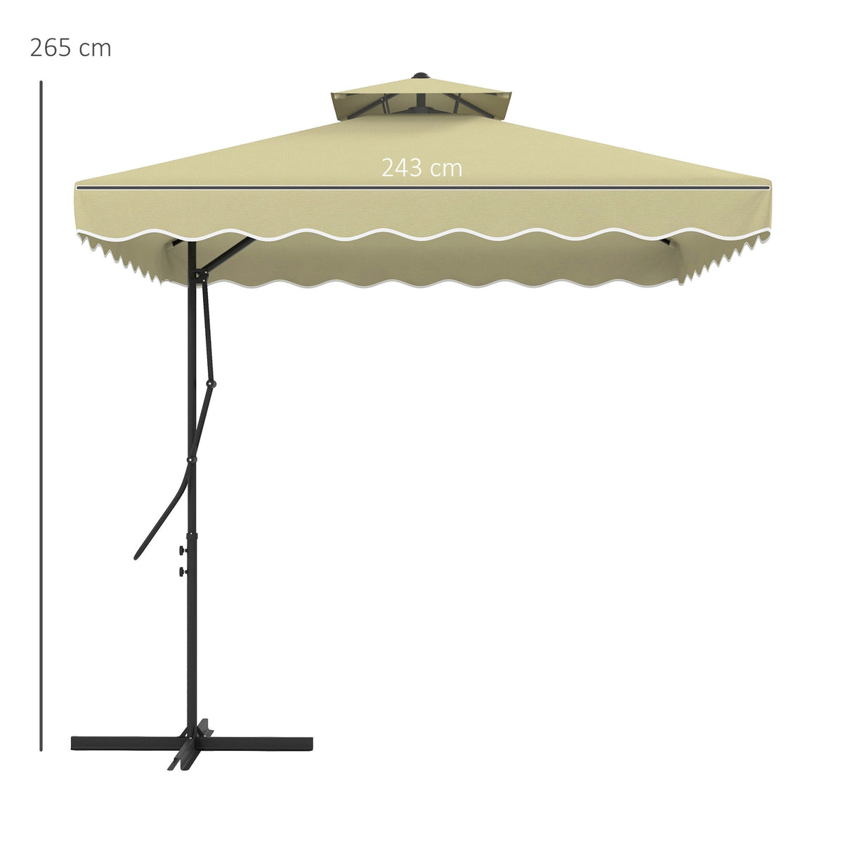 Parasol 243X243Cm Balcony Umbrella With Uv Protection, Cantilever Umbrella With Double Roof & Cross Base, Ruffles, 4 Struts, Metal