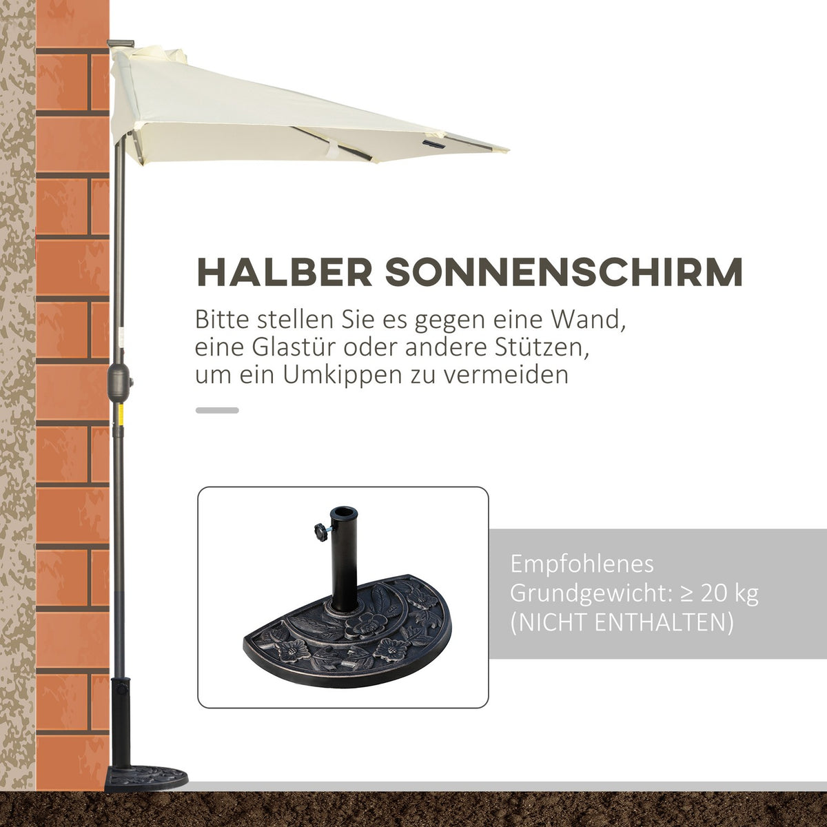 Parasol 265 X 240 Cm Half Umbrella Balcony Umbrella With Led Half Round Patio Umbrella With Hand Crank Solar Panel For Garden Metal Beige