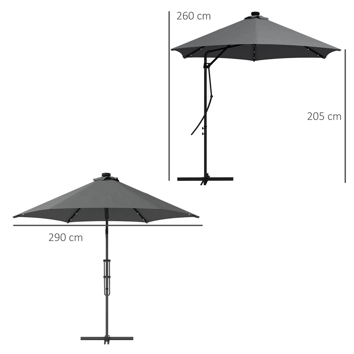 Parasol, Ø290 Cm Cantilever Umbrella With Uv Protection, Led Balcony Umbrella With Cross Base, Patio Umbrella With Protective Cover, Steel, Dark Gray