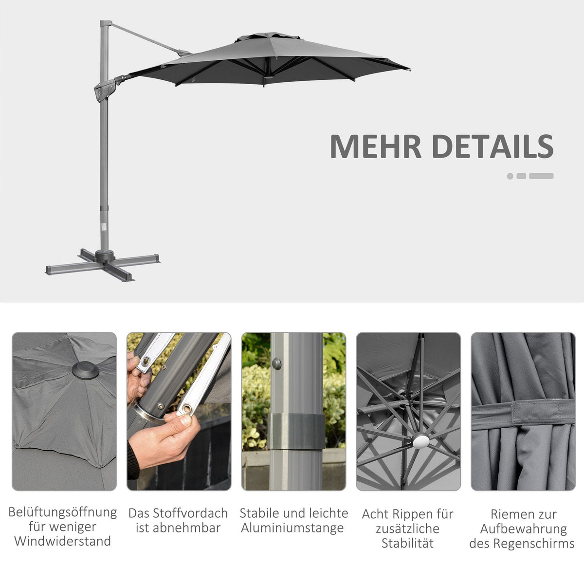Parasol Ø300 Cm Crank Umbrella Cantilever Umbrella With Crank Device Sun Protection Aluminum Roma Umbrella Tilt Angle Adjustable Dark Gray