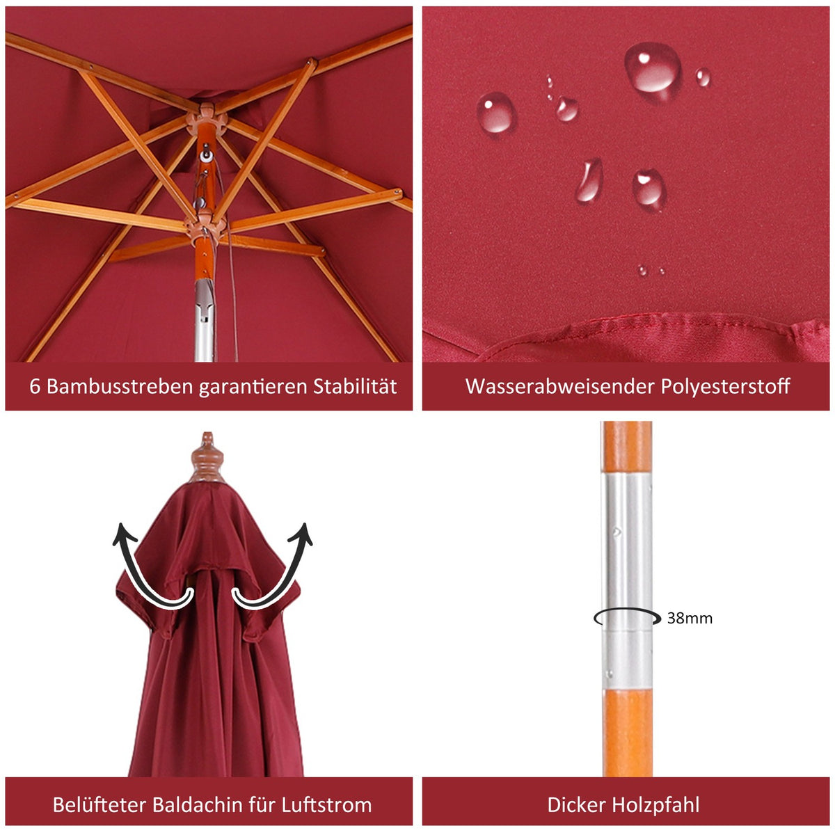 Parasol Balcony Cantilever Umbrella Made Of Fir Wood, Adjustable To 3 Levels, Wine Red, 200X150X230Cm