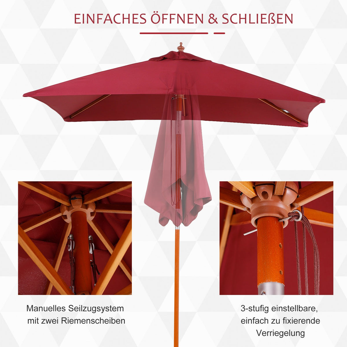Parasol Balcony Cantilever Umbrella Made Of Fir Wood, Adjustable To 3 Levels, Wine Red, 200X150X230Cm