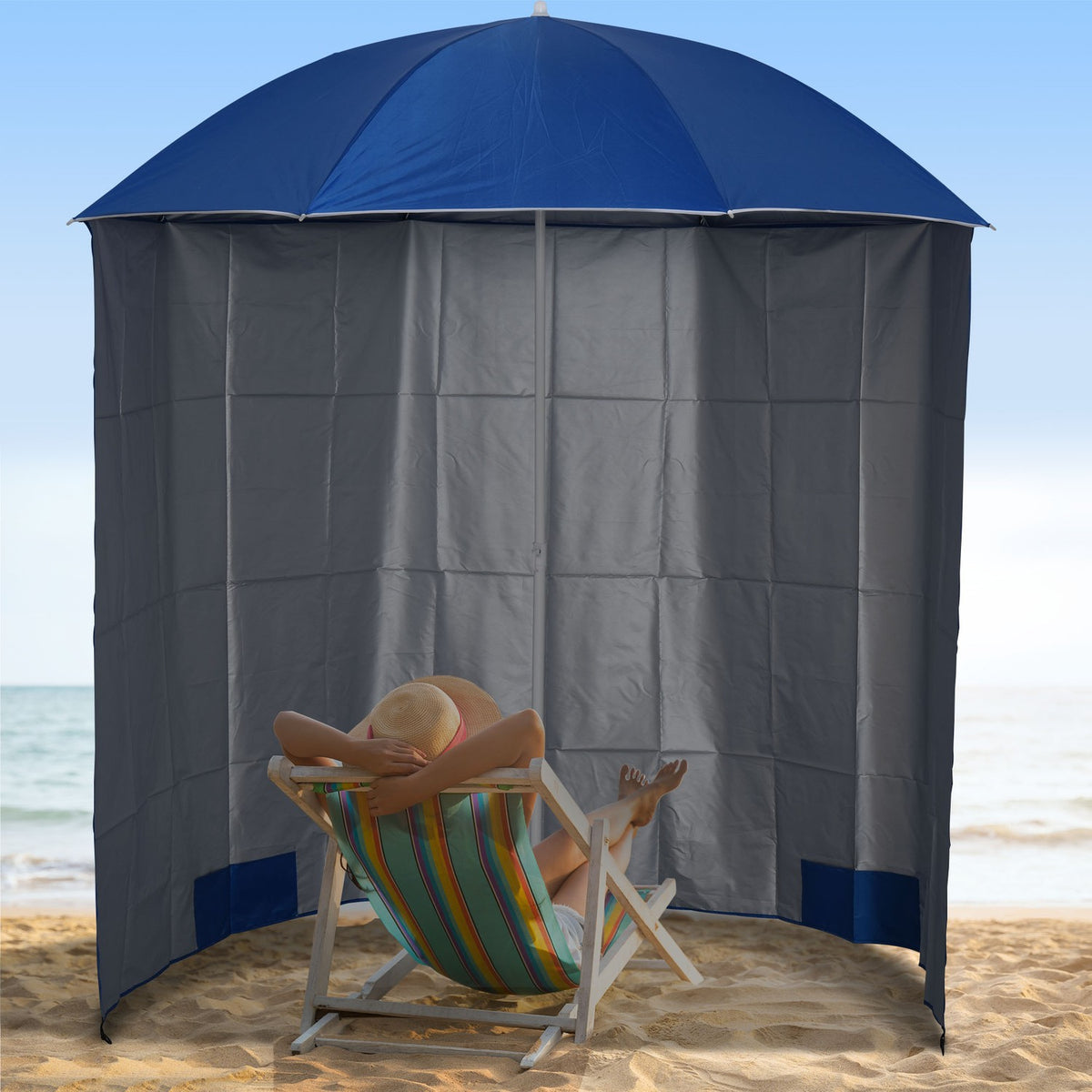Parasol Beach Umbrella With Side Wall, Polyester, Blue, 2.2Xh2.2M