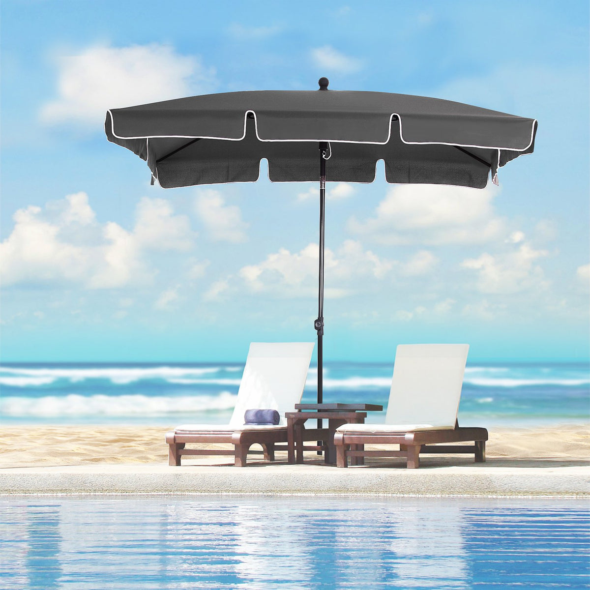 Parasol Beach Umbrella With Uv Protection, Foldable For Garden & Balcony, Gray & Black