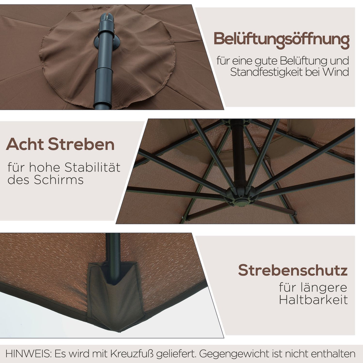 Parasol Cantilever Parasol With Crank, Steel Frame & Polyester Fabric, Coffee, Ø3X2.5M