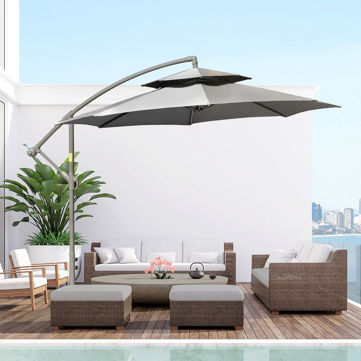 Parasol Cantilever Umbrella Ø2.67 X 2.45 M Crank Umbrella With Double Roof Cross Base Steel Outdoor Sun Protection Polyester Steel Light Gray