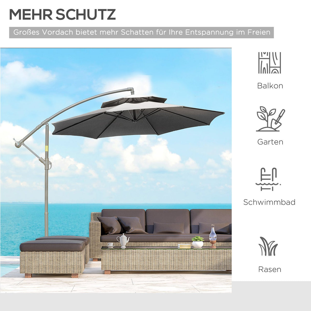 Parasol Cantilever Umbrella Ø2.67 X 2.45 M Crank Umbrella With Double Roof Cross Base Steel Outdoor Sun Protection Polyester Steel Light Gray