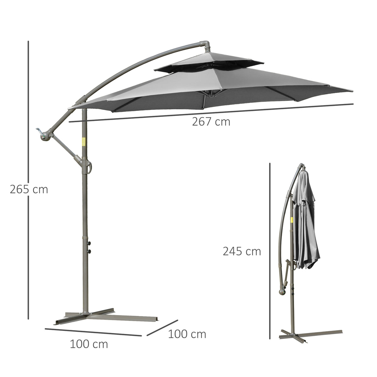 Parasol Cantilever Umbrella Ø2.67 X 2.45 M Crank Umbrella With Double Roof Cross Base Steel Outdoor Sun Protection Polyester Steel Light Gray