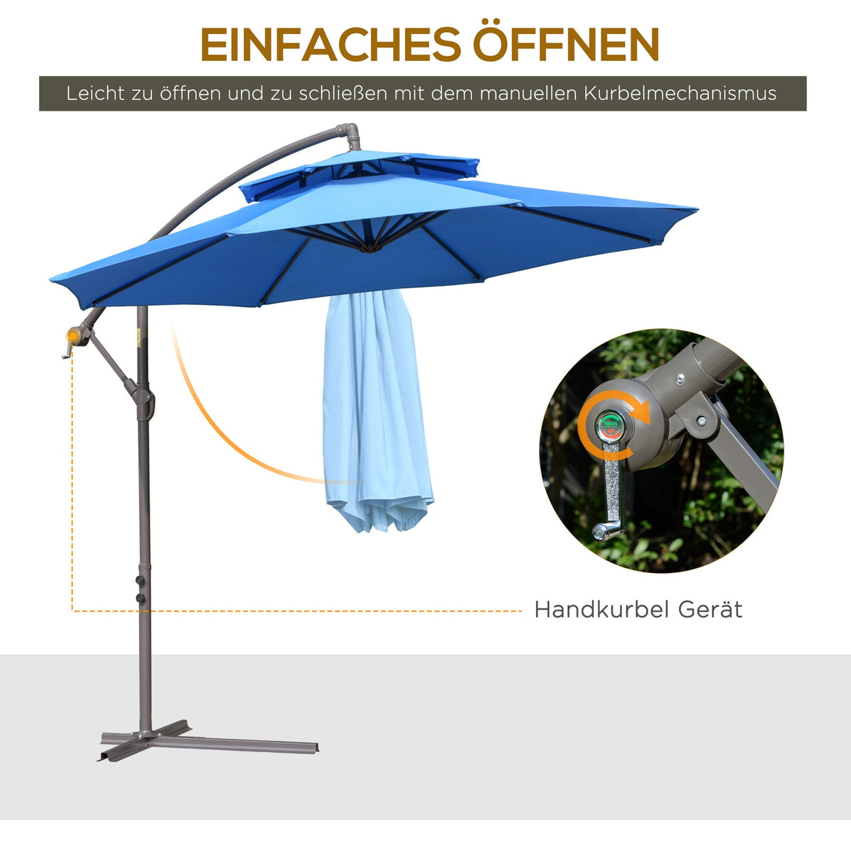 Parasol Cantilever Umbrella Ø2.67 X 2.7 M Crank Umbrella With Double Roof Cross Base Steel Outdoor Sun Protection Polyester Steel Blue