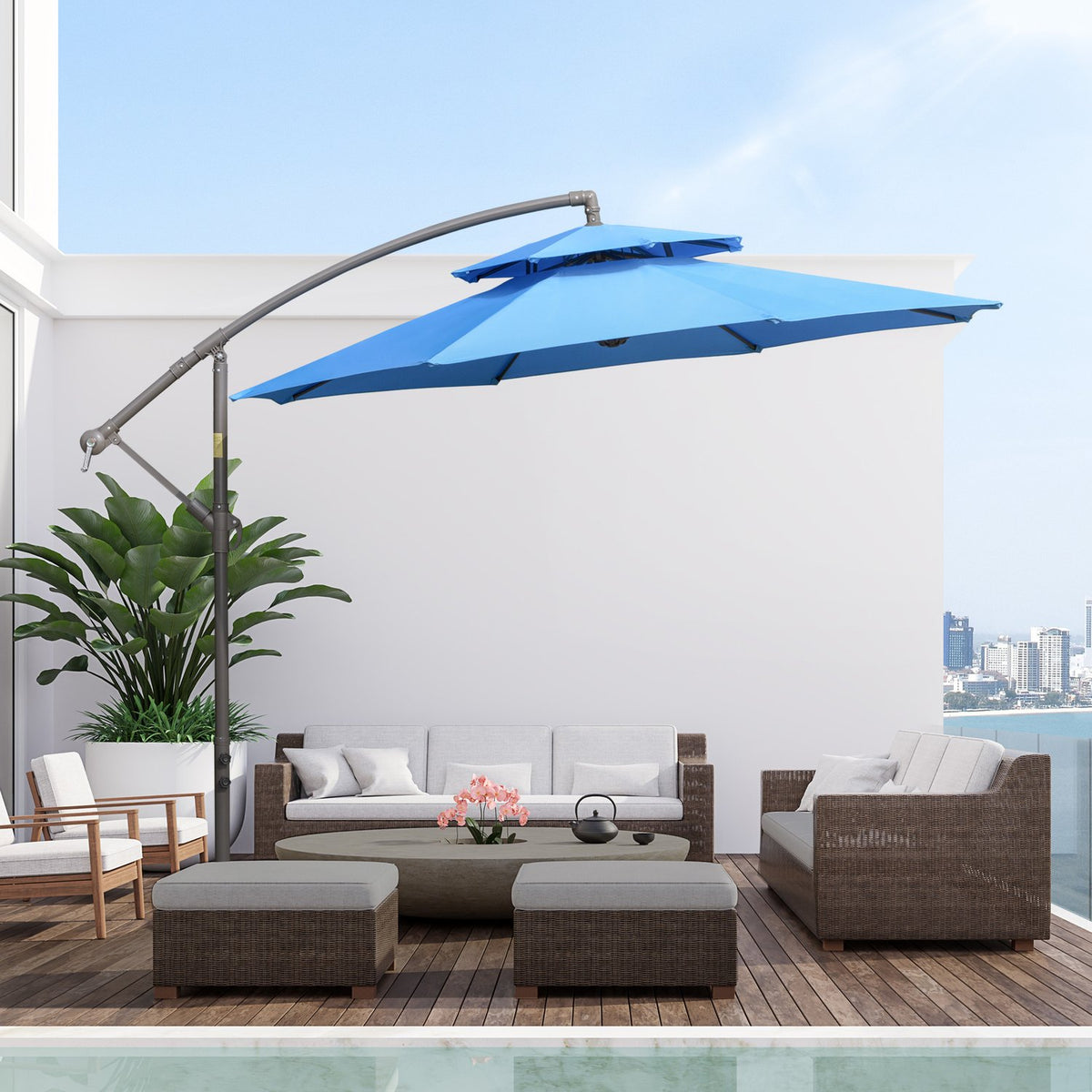 Parasol Cantilever Umbrella Ø2.67 X 2.7 M Crank Umbrella With Double Roof Cross Base Steel Outdoor Sun Protection Polyester Steel Blue