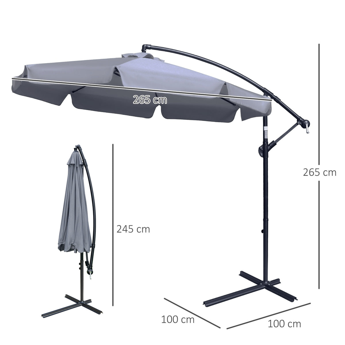 Parasol Cantilever Umbrella With Hand Crank Ruffles Ø2.65 X 2.65H M Garden Umbrella Sun Protection Garden Balcony Dark Gray